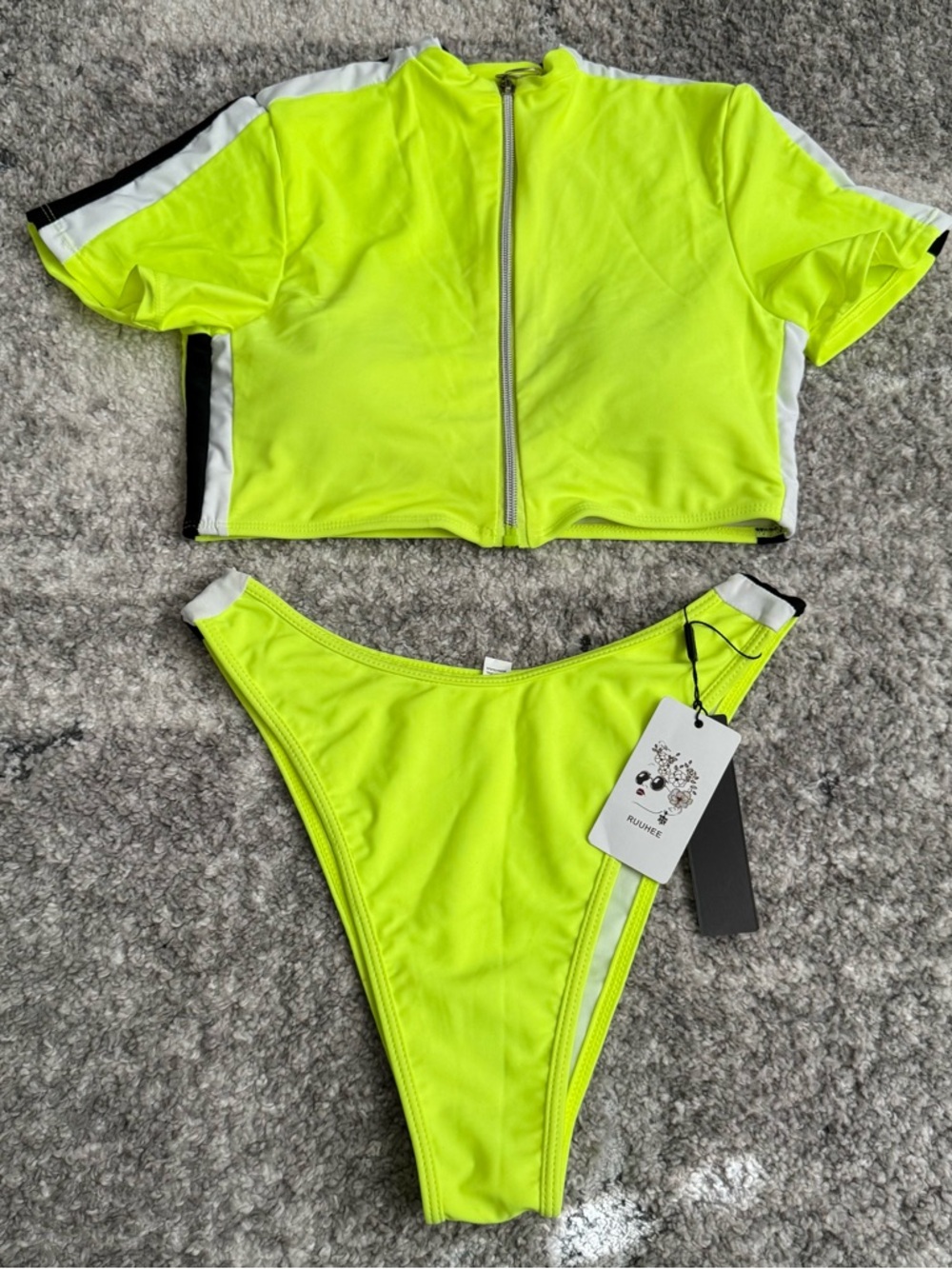 Neon Yellow Zip-Front Bikini Set with White & Black Trim